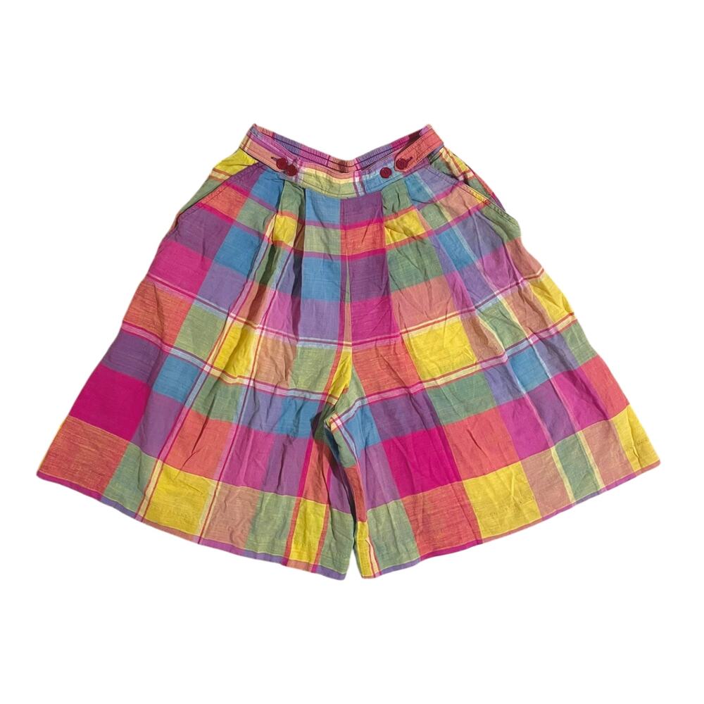 Vintage S Rainbow Plaid Shorts Bohemian Festival Cottagecore Wide Leg Culottes